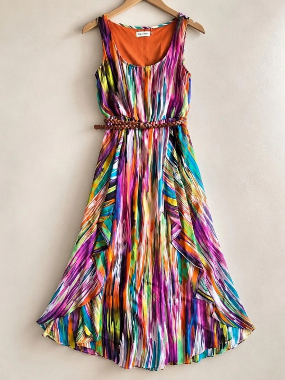 Y2K Calvin Klein 4P Petite Maxi Dress Abstract Ruffle Belted Boho Festival